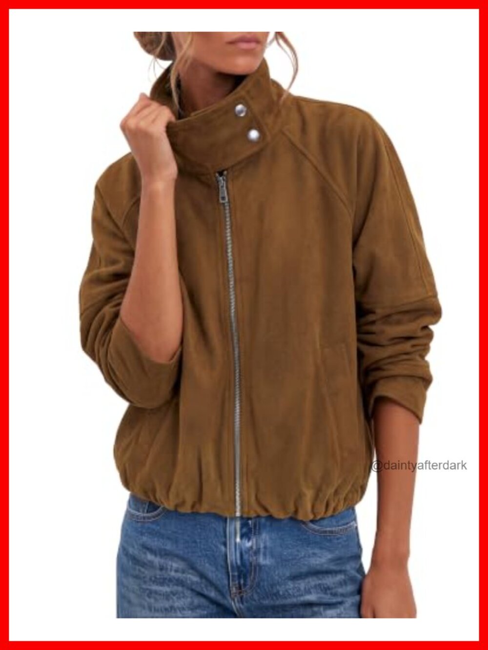 Faux Suede Cropped Funnel Neck Zip Up Jacket